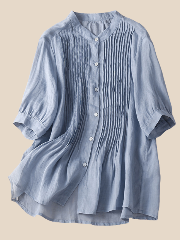 Women's Cotton Linen Shirt Stand Collar Pleated Design Ladies Linen Blouse Top