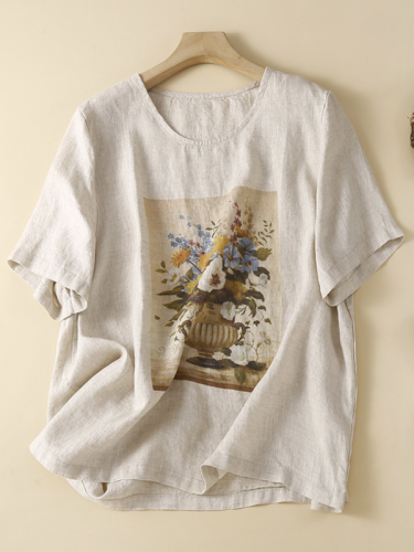 Women's Cotton Linen T-Shirt Vintage Floral Printed Crew Neck Loose Linen Blouse Top