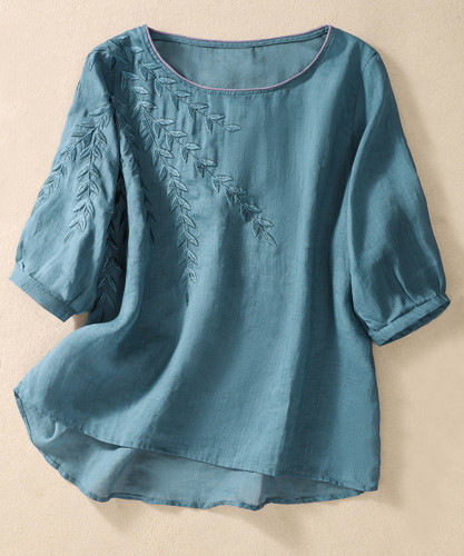 Women's Boho Shirts Crew-Neck Mid-Sleeve Embroidery Leaf Pattern Cotton Blouse Top