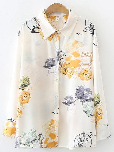 Women's Shirts Waterdrop Floral Printed Long Sleeve Lapel Chiffon Blouse Top