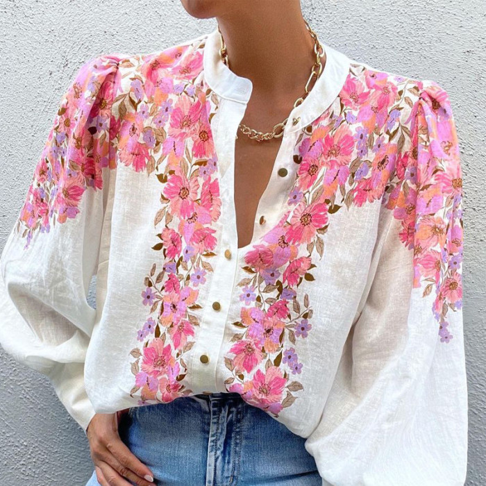 Women's Cotton Linen Shirt Stand Collar Floral Print Loose Puff Long Sleee Blouse