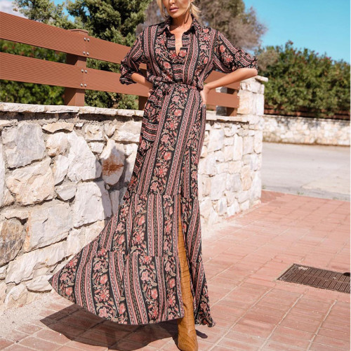 Women's Bohemian Dress Lapel Long Sleeve Floral Slit Long Maxi Boho Dress