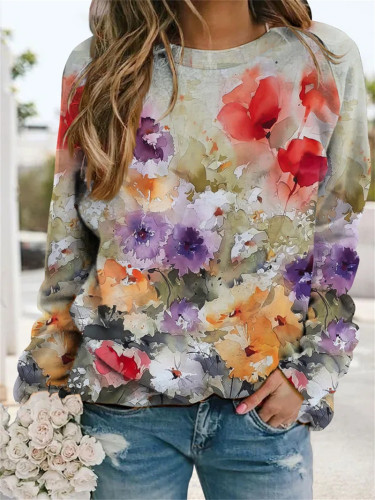 Women's Floral Printed Crew Neck Long Sleeve Sweatshirts