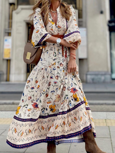 Women's Bohemian Dress V-Neck Puff Sleeve Big Swing Floral Maxi Dress