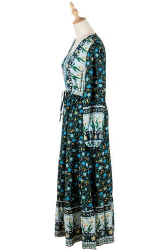 Women's Dress V-Neck Floral Print Long Sleeves Long Maxi Boho Dress