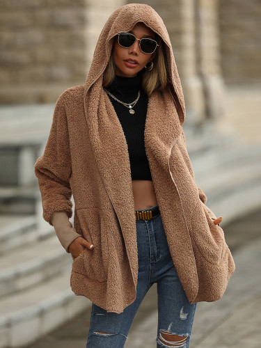 Women's Jacket Coat Lapel Oversized Solid Color Hooded Coat Fleece Coat
