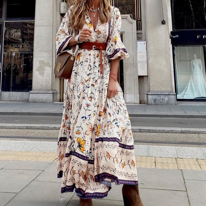 Women's Bohemian Dress V-Neck Puff Sleeve Big Swing Floral Maxi Dress