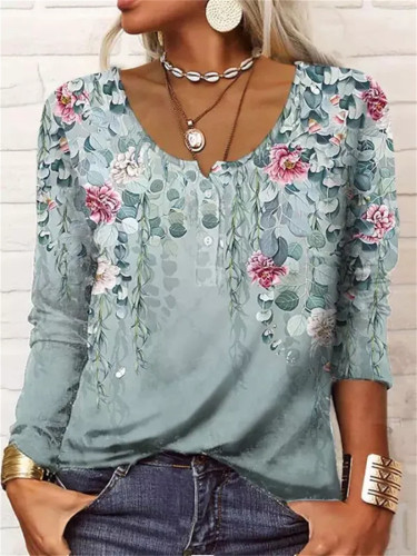 Women's Floral Printed U Collar Long Sleeve T-Shirt Top