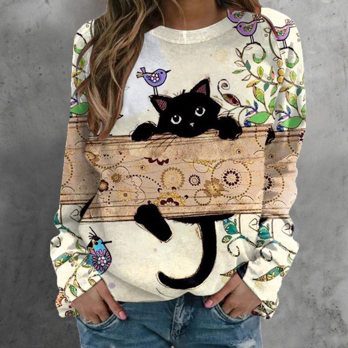 Women's Casual Top Cute Cat Print Crew Neck Long Sleeve T-Shirt