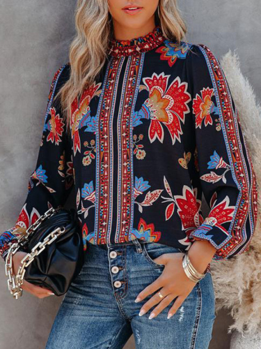 Women's Floral Print Lantern Long Sleeve Pullover Blouse Top