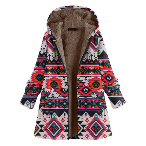 Women's Aztec Coat Retro Red Geometry Style Hooded Fleece Coat