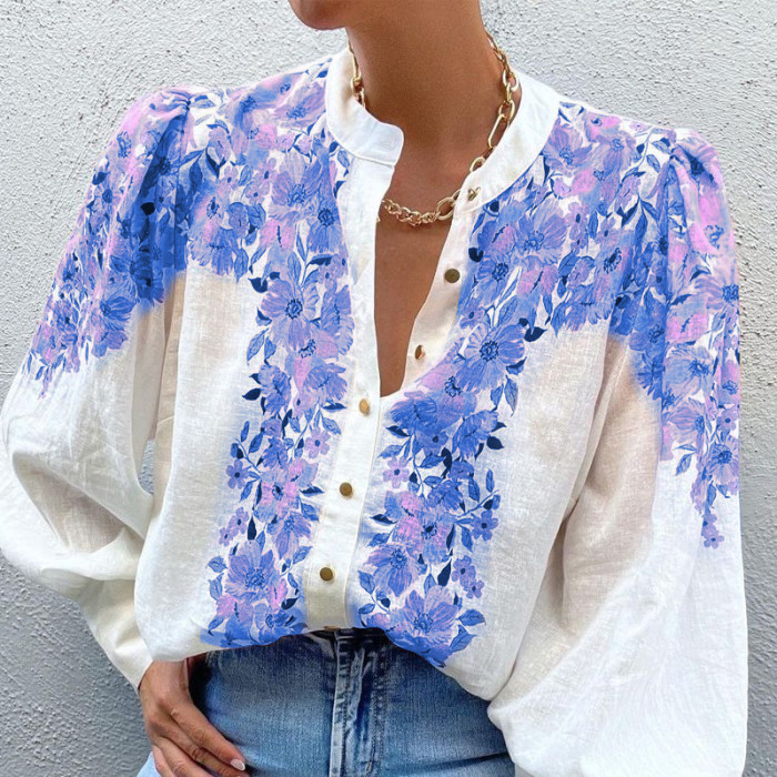 Women's Cotton Linen Shirt Stand Collar Floral Print Loose Puff Long Sleee Blouse