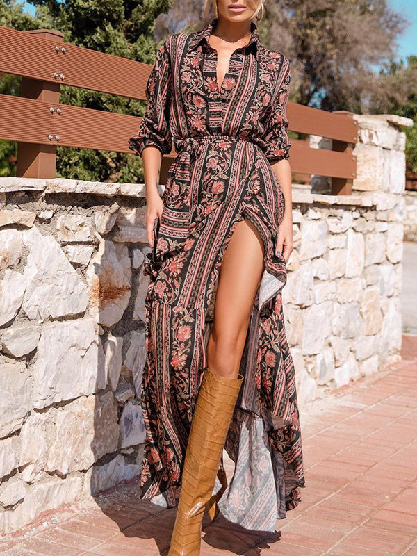 Women's Bohemian Dress Lapel Long Sleeve Floral Slit Long Maxi Boho Dress