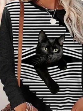 Women's T-Shirts Striped Cat Print Crew Neck Long Sleeve T-Shirt