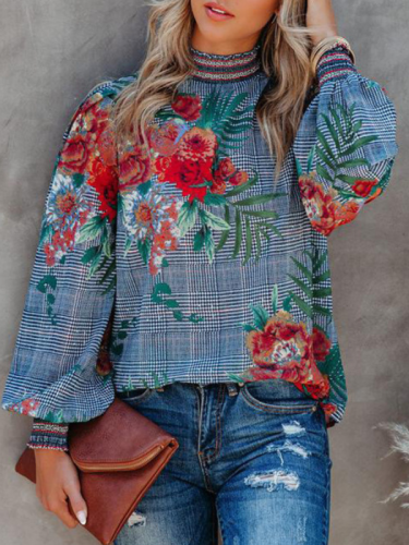 Women's Floral Print Lantern Long Sleeve Pullover Blouse Top