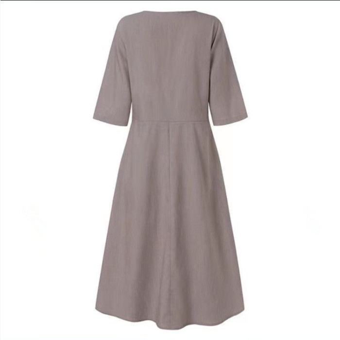 Women's Dresses Solid Color V-Neck Mid Sleeve Cotton Linen Midi Dress with Pocket