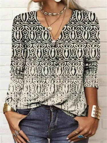 Women's Printed V-Neck Long Sleeve T-Shirt Top