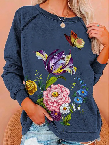 Women's Sweatshirt Floral Butterfly Print Crew Neck Long Sleeve Top