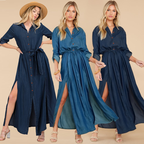 Women's Denim Dress Lapel Long Sleeve Slit Midi Dress