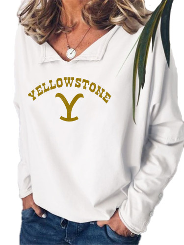 Women's Western Style Yellow Print Dutton Ranch For Fans Turndown Collar Long Sleeve Sweatshirt