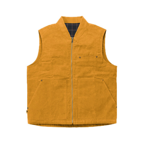 Men's  Rugged Yellow Brown Color Vest Cotton With Plaid Lining Big Pocket True To Size For Work Wear