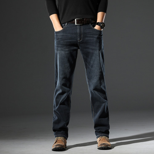 复制Men's Straight Elastic Mid Waist Jeans Soft cotton Line with fleece Western Style For Work Wear