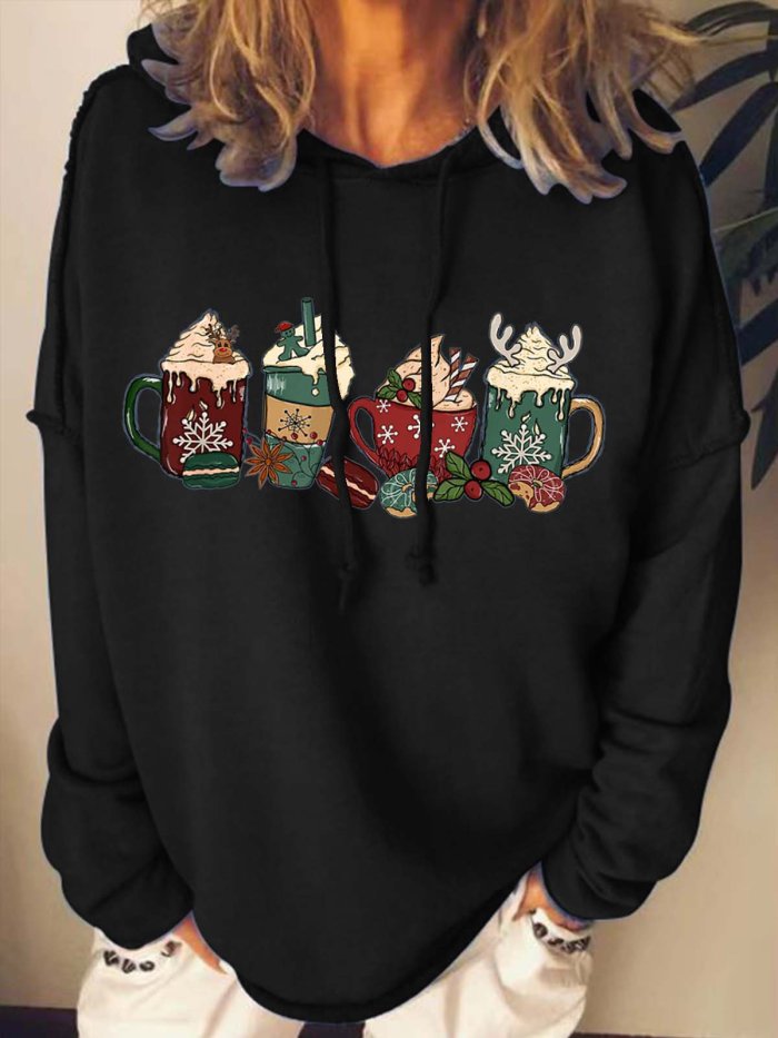 Women Merry Christmas Coffee Snowflake Loose Christmas Hoodie Sweatshirt