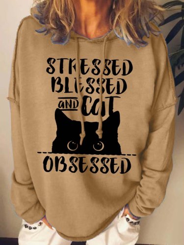 Women Stressed Blessed Obsessed Cat Animals Casual Sweatshirt