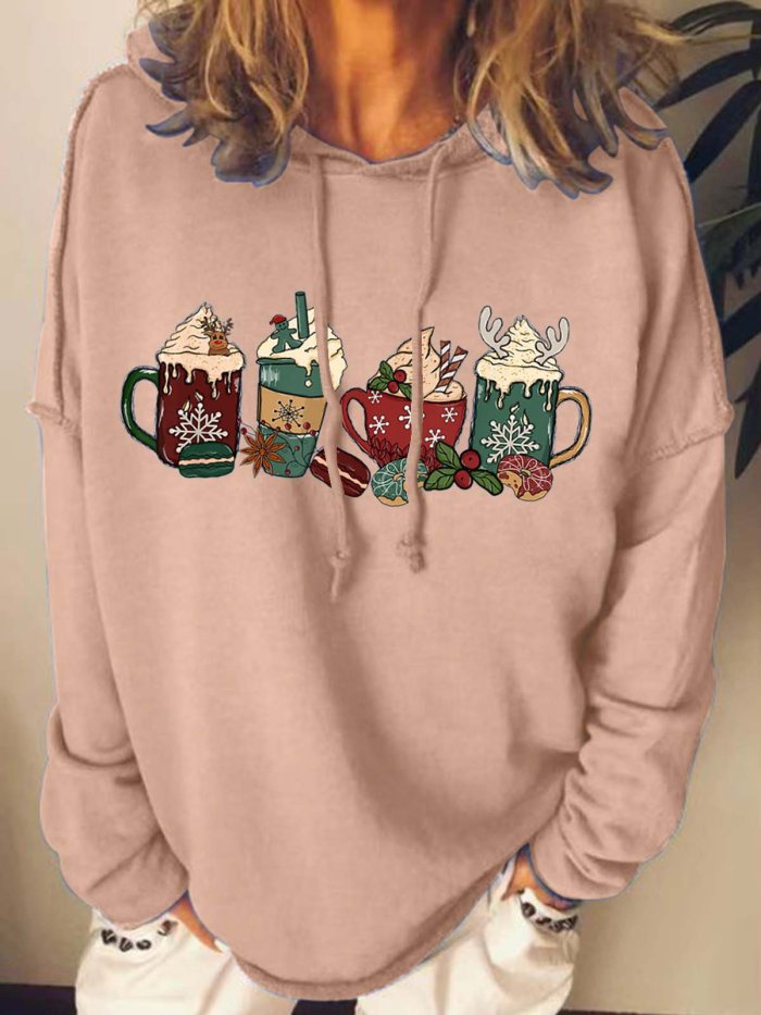 Women Merry Christmas Coffee Snowflake Loose Christmas Hoodie Sweatshirt