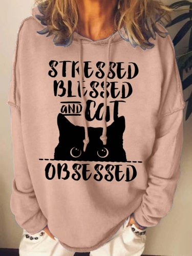 Women Stressed Blessed Obsessed Cat Animals Casual Sweatshirt