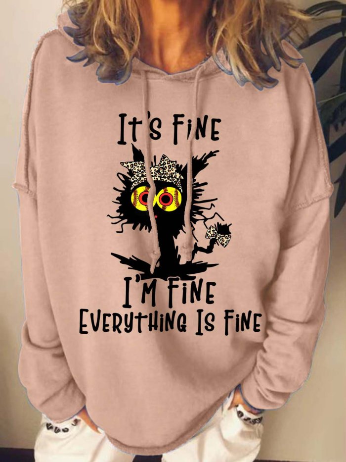 Women Black Cat I’m Fine Text Letters Sweatshirt