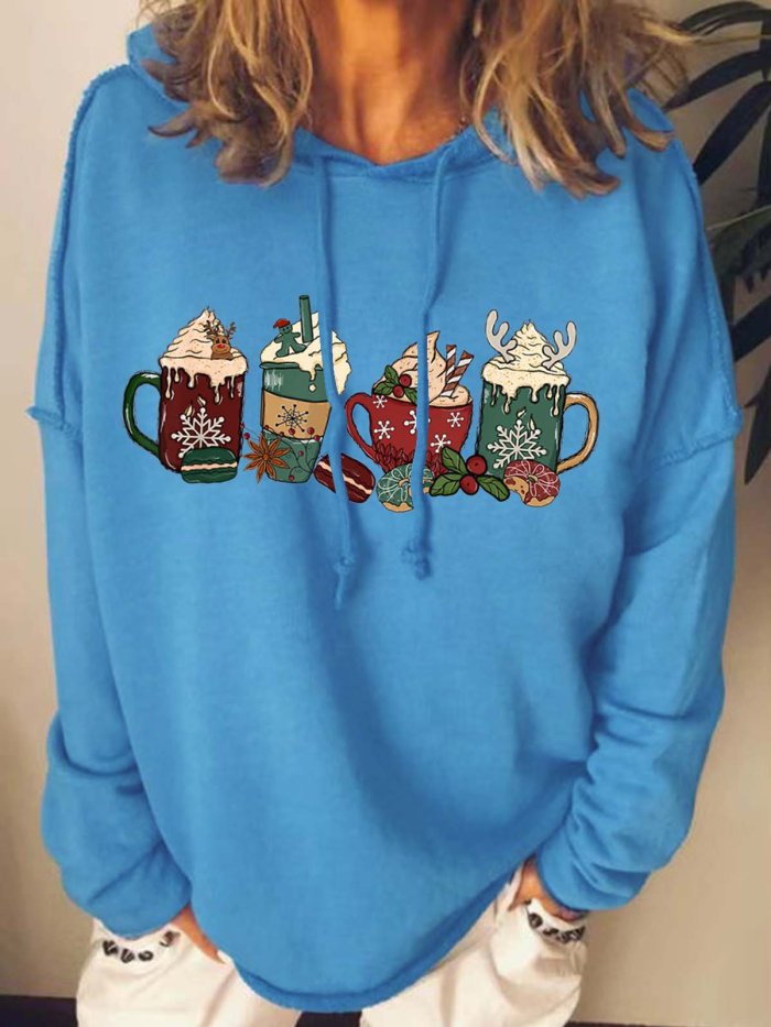Women Merry Christmas Coffee Snowflake Loose Christmas Hoodie Sweatshirt