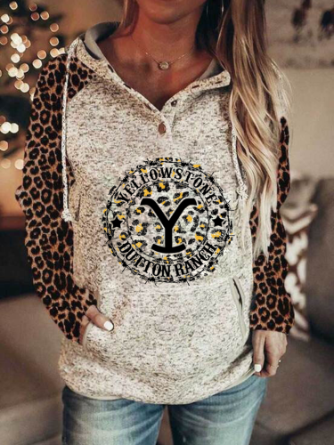 Women  Western Leopard Style  Leopard Y Stone Long-sleeved Hoodie Y Stone Graphic Pullover Hooded Drawstring with Pockets