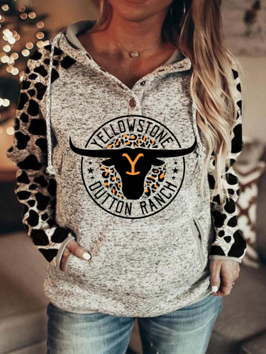 Women  Western Leopard Style Y Stone Cowhead Long-sleeved Hoodie Y Stone Graphic Pullover Hooded Drawstring with Pockets