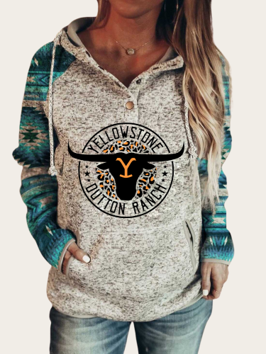 Women  Western Aztec Style Cowhead Y Stone Letter Print Long-sleeved Hoodie Y Stone Graphic Pullover Hooded Drawstring with Pockets