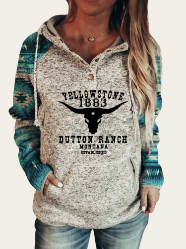 Women  Y Stone  Aztec Style Cow long Horn Y Stone 1883 Dotton Ranch Long-sleeved Hoodie  with Pockets Gifts For Y Stone Fans