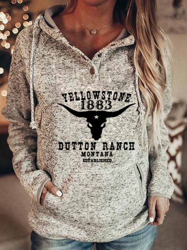 Women  Y Stone Vintage Style  Cow long Horn Y Stone 1883 Dotton Ranch Long-sleeved Hoodie  with Pockets Gifts For Y Stone Fans