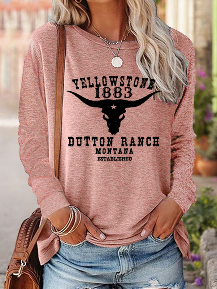 Women Y Stone Long Sleeve Shirt Girl/Women Crew Neck Long Sleeve Shirt Cow long Horn Y Stone 1883 Dotton Ranch Long-sleeved Hoodie  with Pockets Gifts For Y Stone Fans