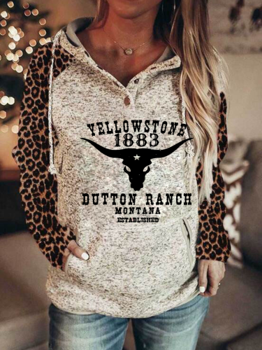 Women  Y Stone 1883 Leopard Style Cow long Horn Y Stone 1883 Dotton Ranch Long-sleeved Hoodie  with Pockets Gifts For Y Stone Fans