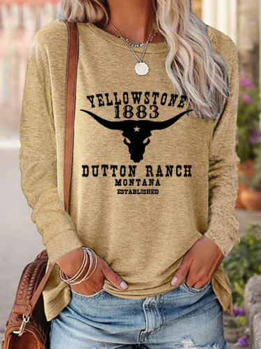 Women Y Stone Long Sleeve Shirt Girl/Women Crew Neck Long Sleeve Shirt Cow long Horn Y Stone 1883 Dotton Ranch Long-sleeved Hoodie  with Pockets Gifts For Y Stone Fans
