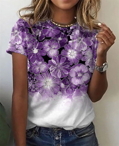 Women's Spring Floral Printed T-Shirts Crew Neck Short Sleeve Top