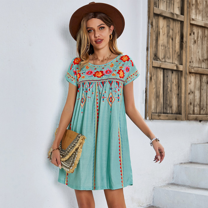 2023 West Tribal Style Floral Print Casual Mini Dress