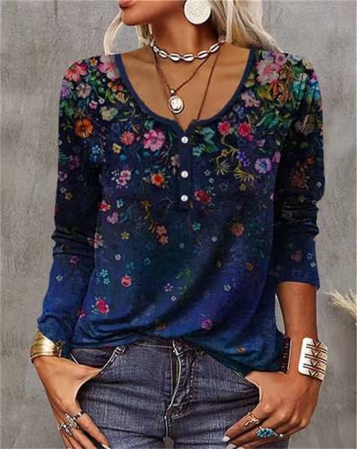 Women's Floral Printed U Collar Long Sleeve Retro Vintage T-Shirt Top