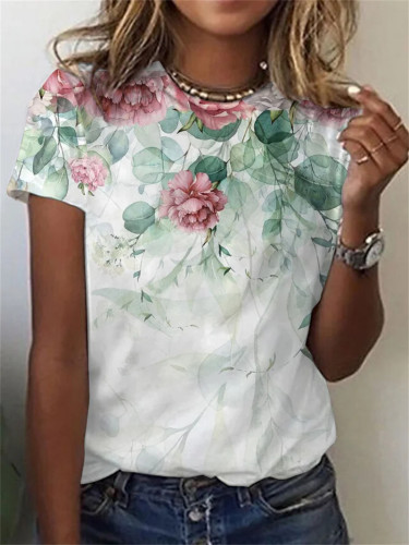 Women's Spring Floral Printed T-Shirts Crew Neck Short Sleeve Tee