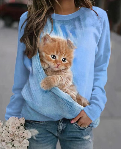 Women's 3D Cute Cat Full Printed T-Shirts Crew Neck Long Sleeve Top