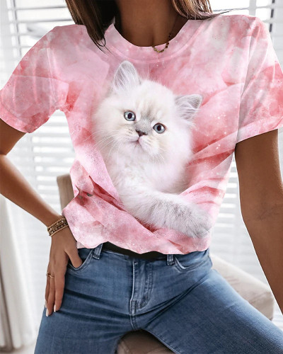 Women's Spring Cute Cat Printed T-Shirts Crew Neck Short Sleeve Top Lover Cat Moms Tee