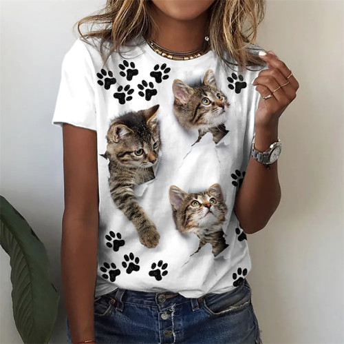 Women's Cute Cat Printed T-Shirts Crew Neck Short Sleeve Top Lover Cat Moms Tee