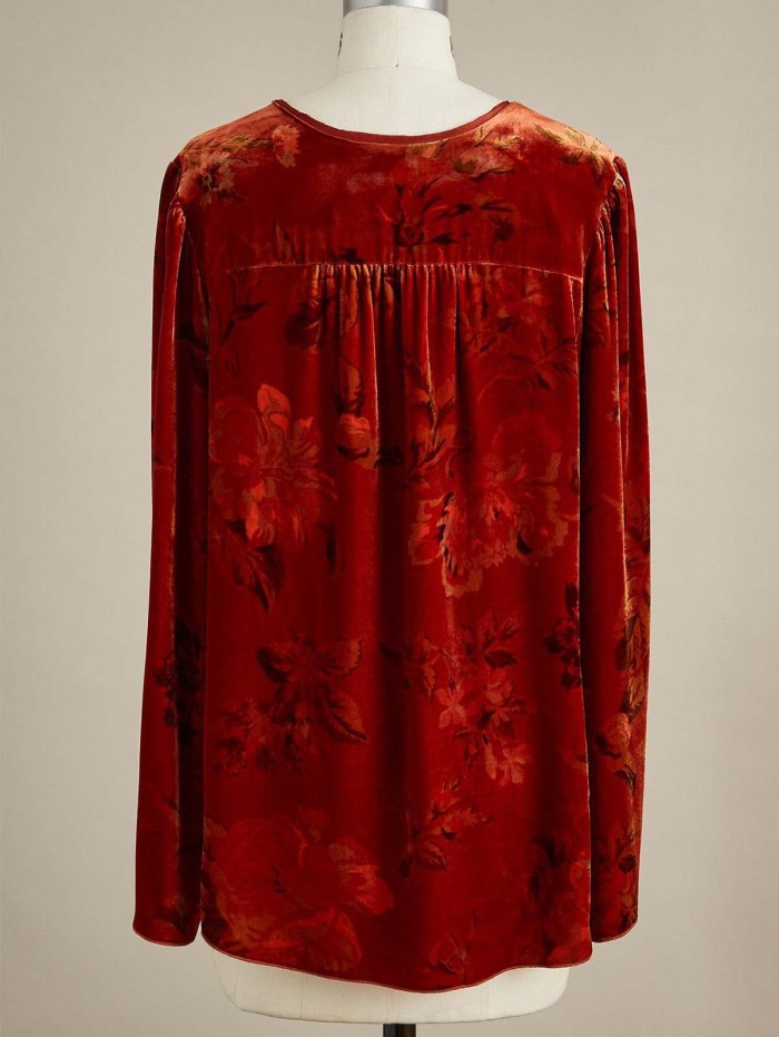 Women's Velvet Shirt Floral Print V-Neck Ladies Blouse Top