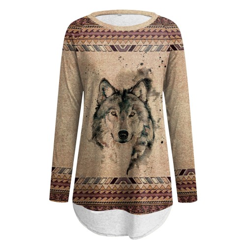 Vintage Cowgirl Aztec Print Tunic Shirt with Wolf Print Loose Fit for Daily Wear