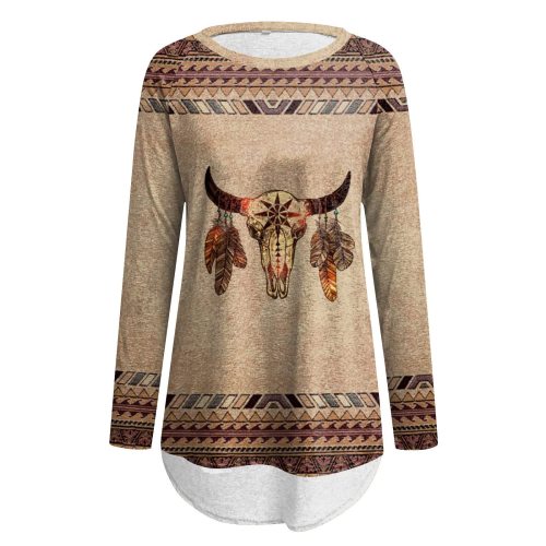 Bohemian Cowgirl Aztec Print Blouse in Earth Tones Cow head with Feather for Daily Wear